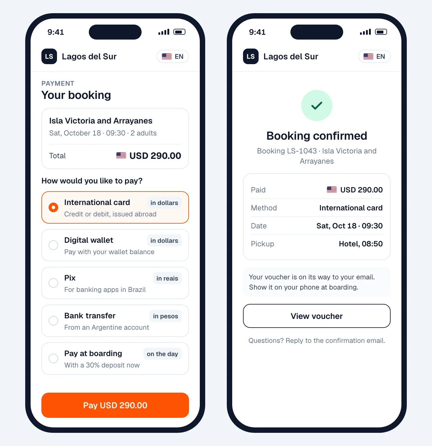 Two phone screens in English: on the left, the Isla Victoria booking with five payment methods and the international card selected; on the right, the confirmed booking with the payment recorded and the voucher sent by email.
