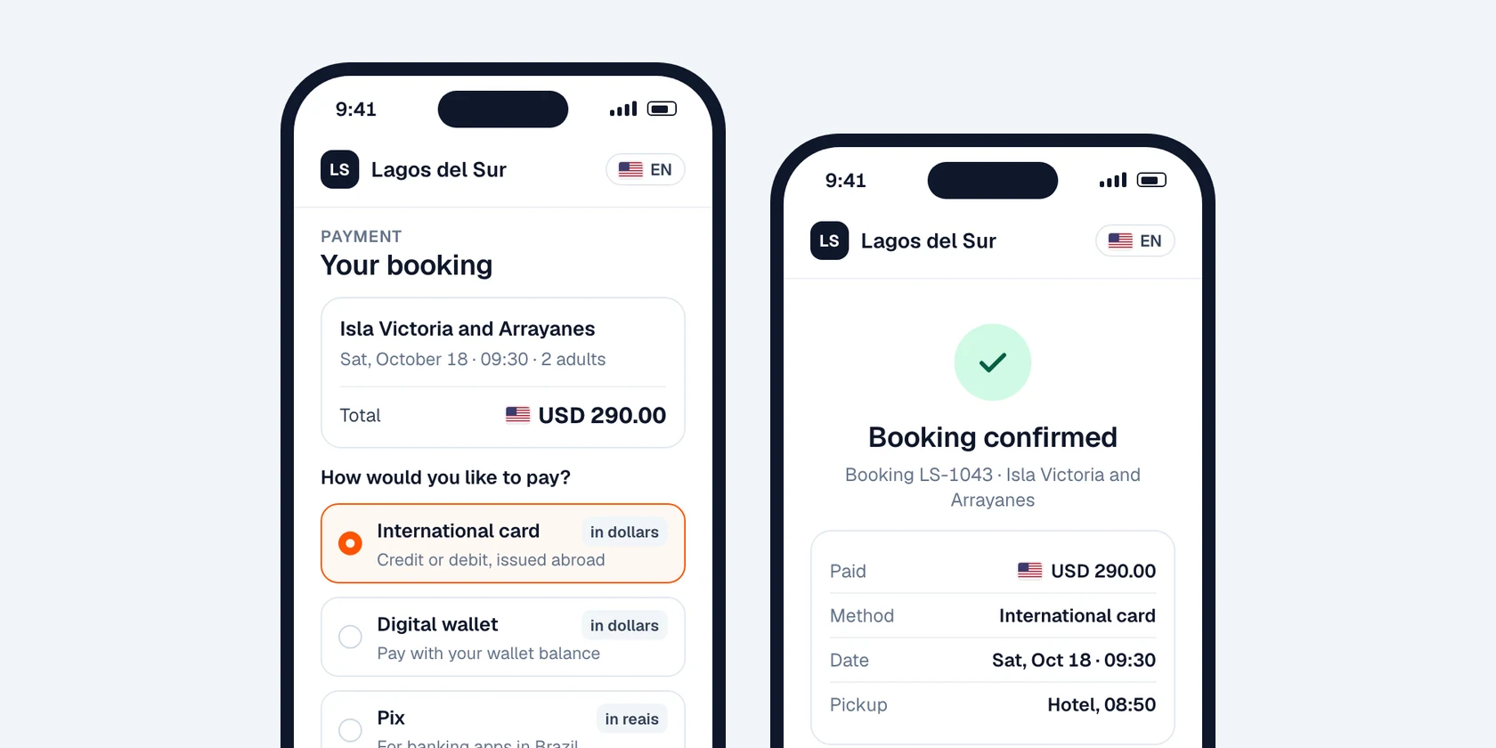 Two phones showing an agency checkout: choosing a payment method and the confirmed booking.