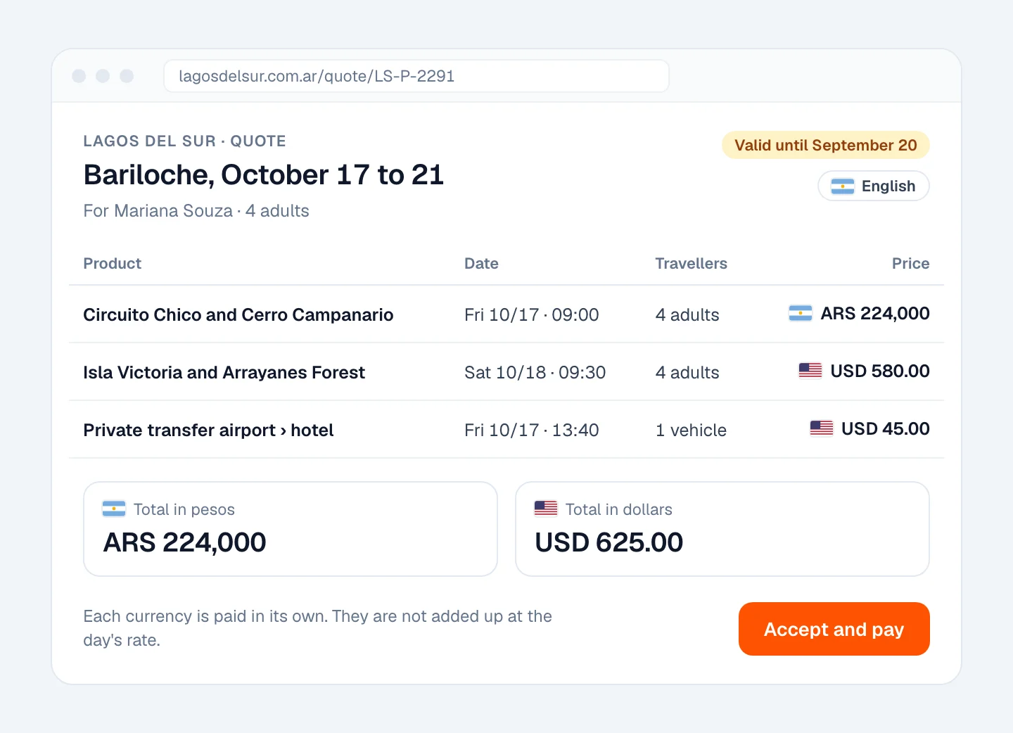 An agency quote for Bariloche with three products: Circuito Chico in pesos, Isla Victoria and a private transfer in dollars, and two separate totals, one in pesos and one in dollars.