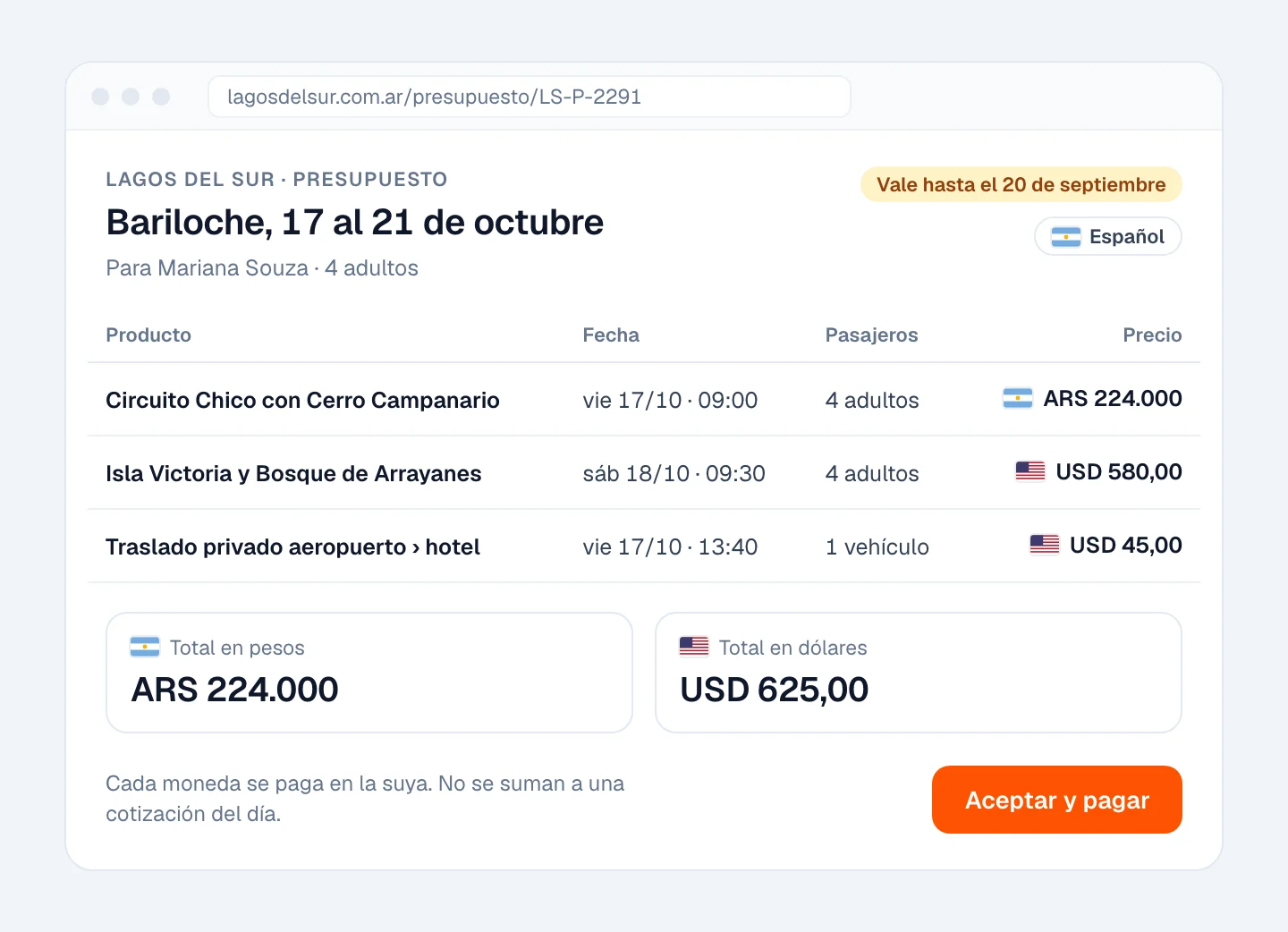 Presupuesto de una agencia para Bariloche con tres productos: Circuito Chico en pesos, Isla Victoria y un traslado privado en dólares, y dos totales separados, uno en pesos y otro en dólares.